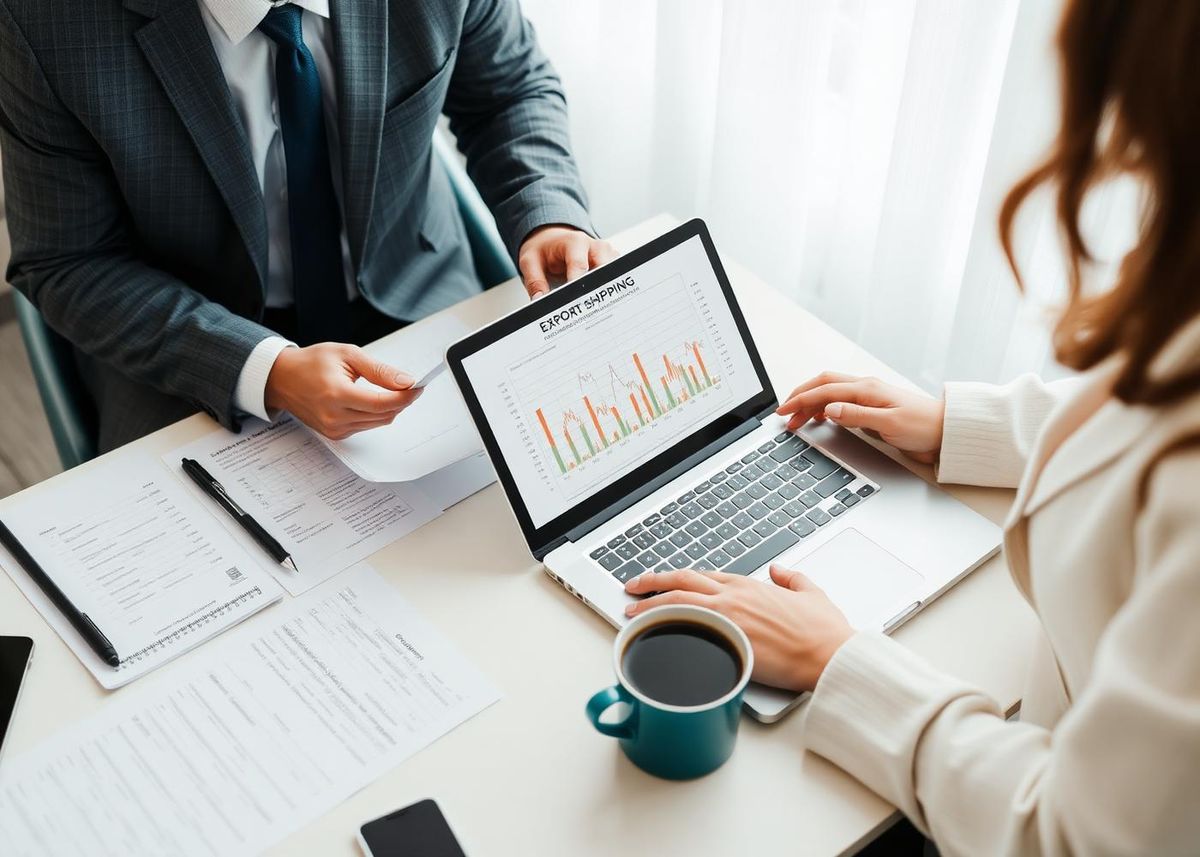 Consultant and client reviewing export shipping documents and market data