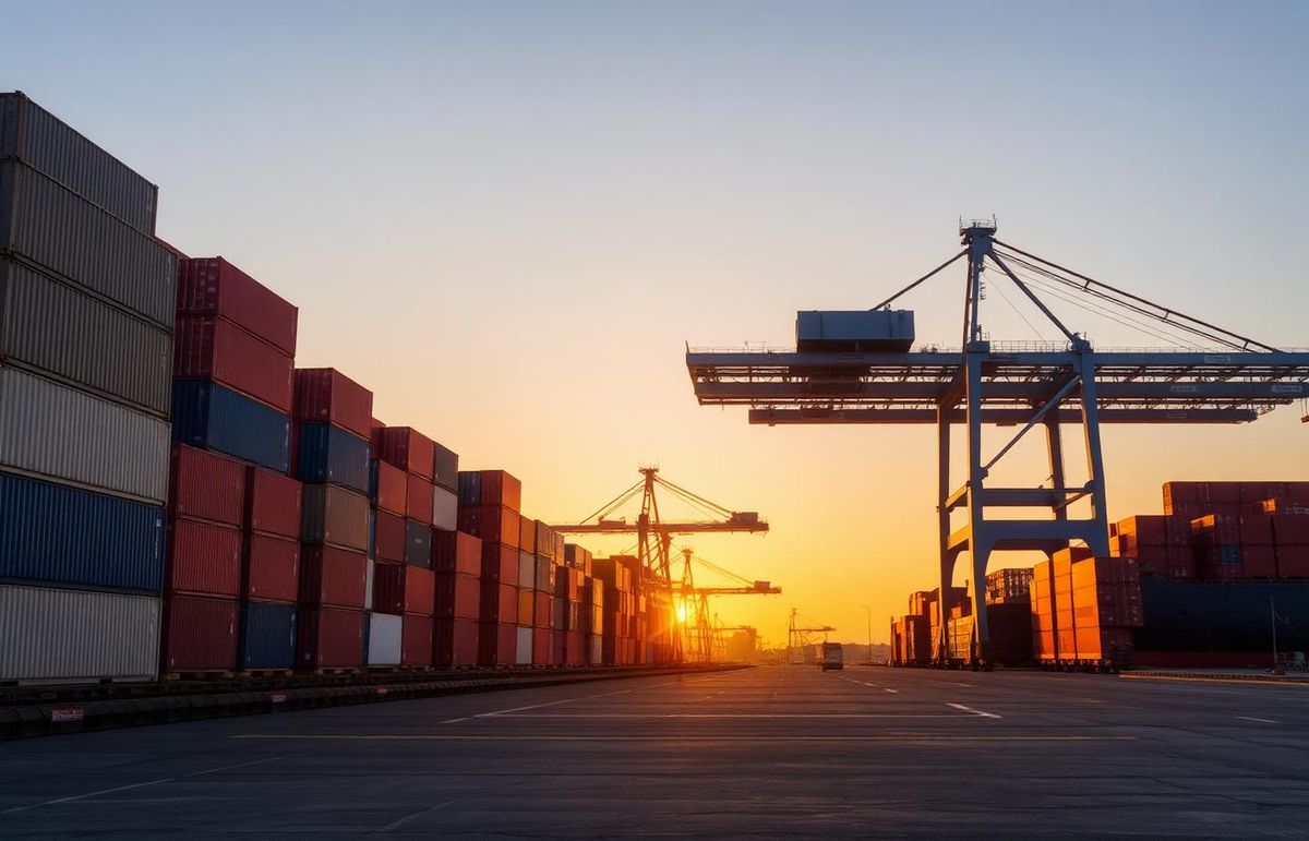 Container terminal at sunrise representing international freight movement